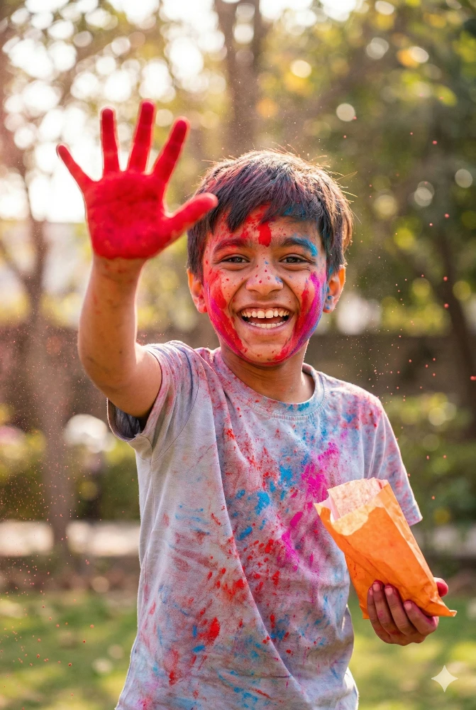 Kid with Colorful Face and Red Hand Celebrating Holi Gemini Prompt