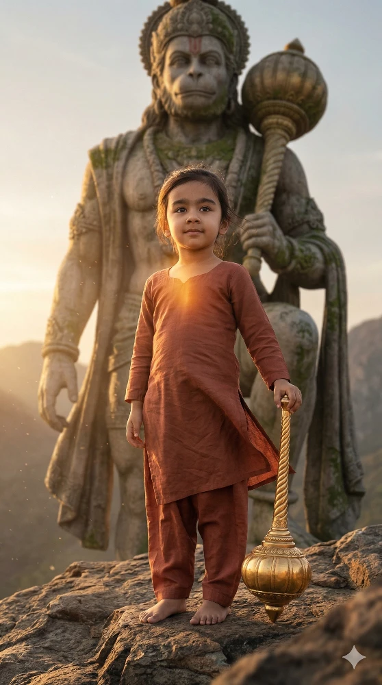 Little Boy with Golden Gada Standing Before Giant Lord Hanuman Statue