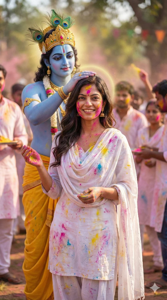 Lord Krishna Divine Blessing During Vibrant Holi Festival Celebration