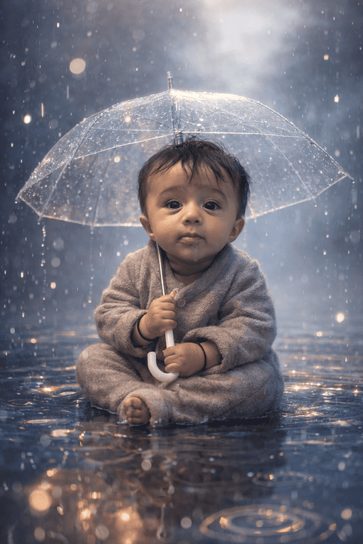 Magical Baby Umbrella Fantasy Portrait in Rain | Cinematic AI Baby Prompt