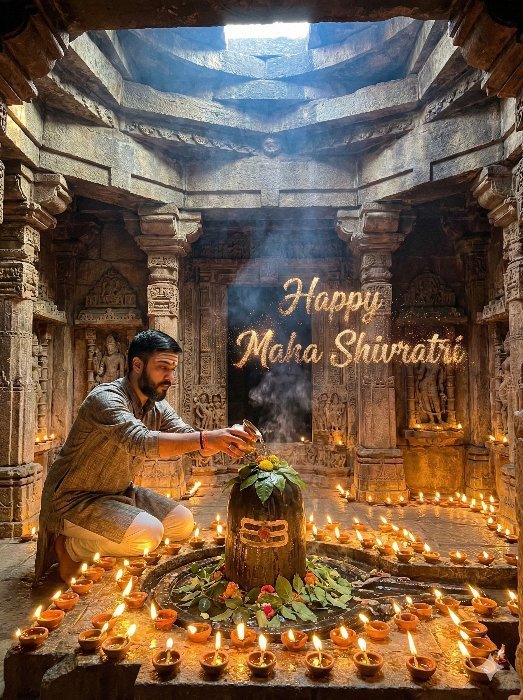 Cinematic Maha Shivratri Temple 8K AI Image Prompt – Shiva Lingam Abhishek Scene