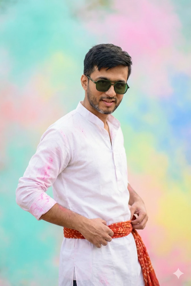 Man Celebrating Holi Festival in Traditional White Kurta and Sunglasses