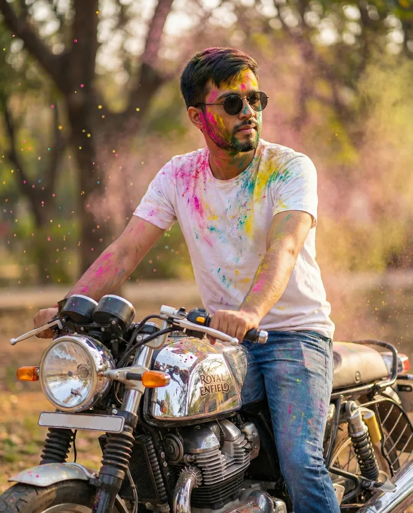 Man Celebrating Holi Festival on a Royal Enfield GT Motorcycle
