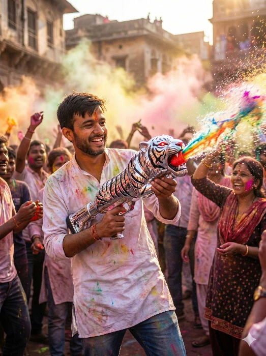 Man Celebrating Holi Festival with a Silver Tiger Shaped Water Gun Gemini Prompt