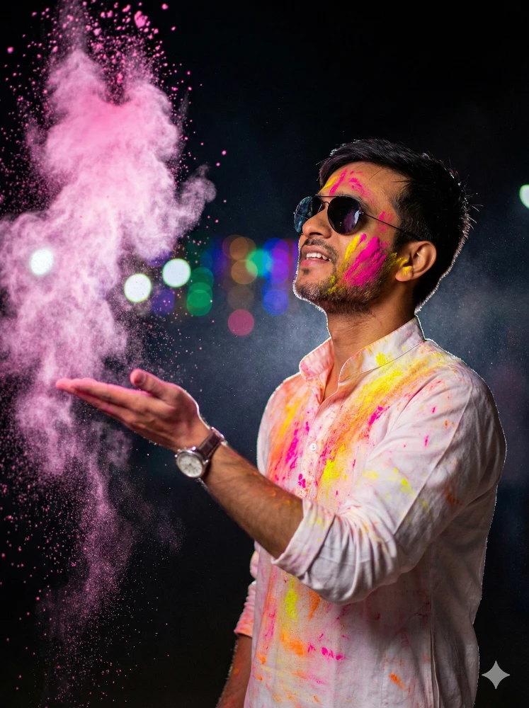 Man Celebrating Holi Festival with Vibrant Pink Color Powder