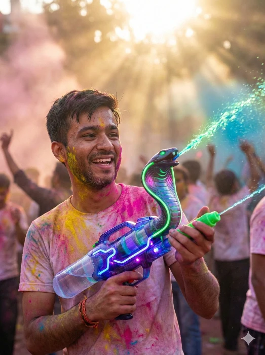 Man Celebrating Holi with a Neon Cobra Shaped Water Gun Gemini Prompt