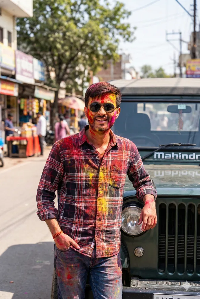 Man Covered in Holi Colors Celebrating on an Indian Street Beside a Jeep