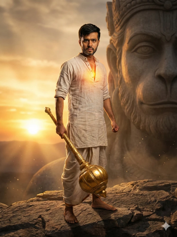 Man Holding a Golden Gada with Lord Hanuman Statue Background at Sunset