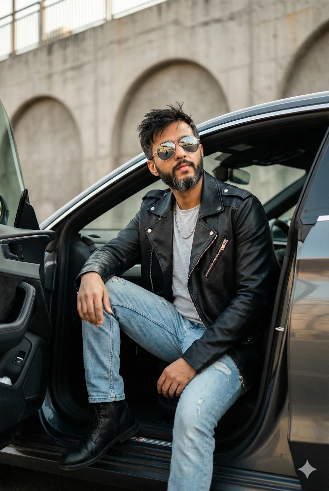 Man in Trendy Black Leather Jacket and Sunglasses Posing in a Luxury Car