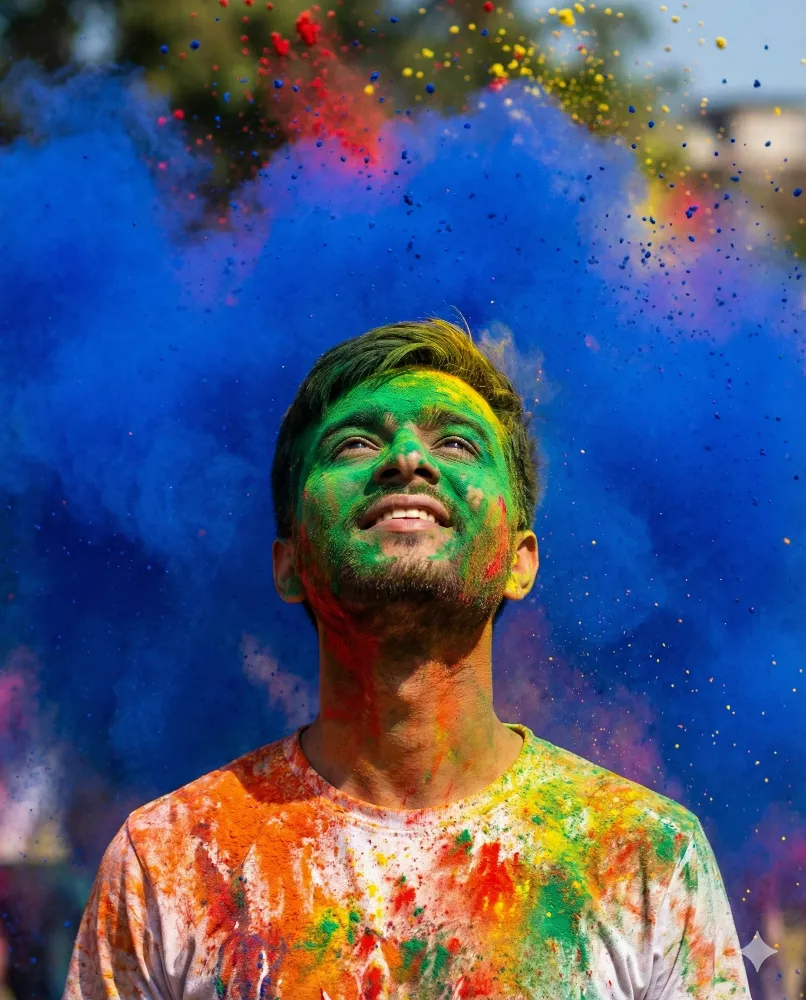 Man Joyfully Celebrating Holi Festival with Vibrant Color Gemini Prompt