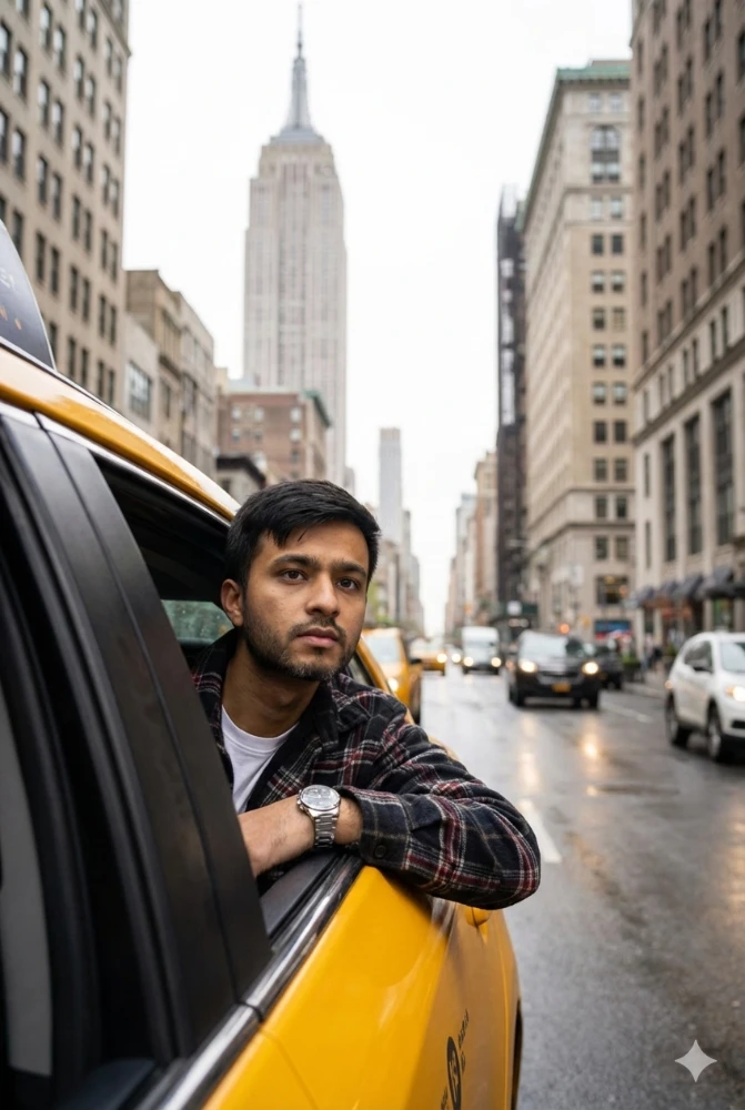 Man looking out of a yellow taxi window in New York City Gemini Prompt