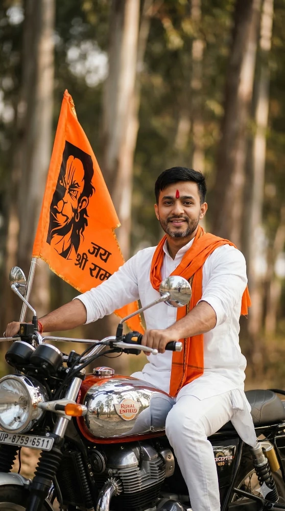 Man on Royal Enfield Interceptor 650 with Jai Shri Ram Flag on Ramnavami
