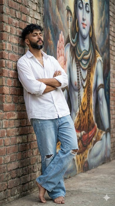 Man Posing Next to Lord Shiva Street Art Mural Gemini Prompt