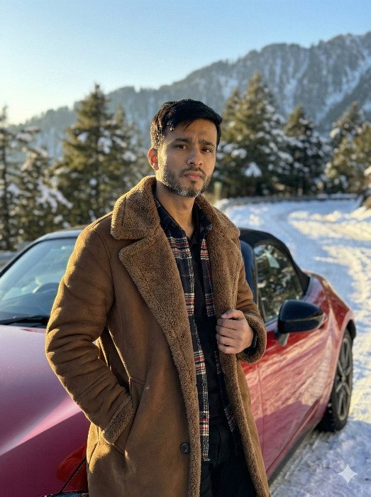 Man Shearling Coat Red Car Snow Gemini AI Prompt