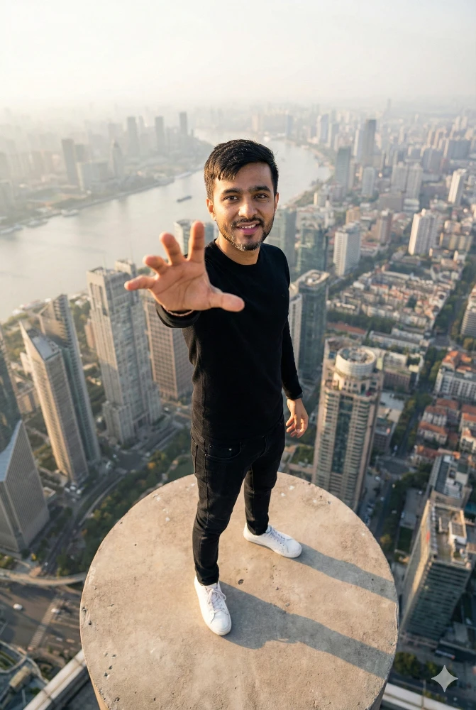 Man Standing on Edge of Skyscraper Overlooking City View Gemini Prompt