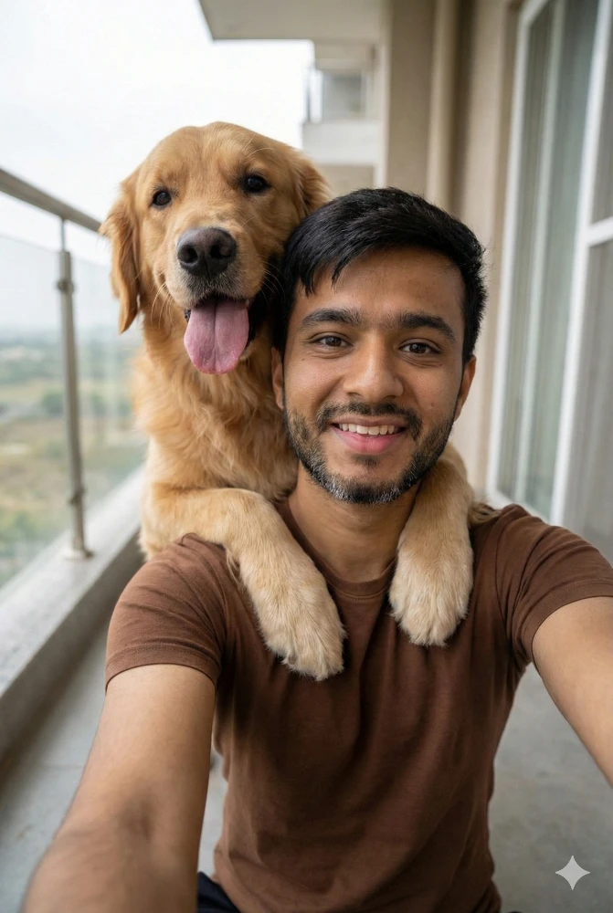 Man Taking a Selfie with His Smiling Golden Retriever Dog Gemini Prompt