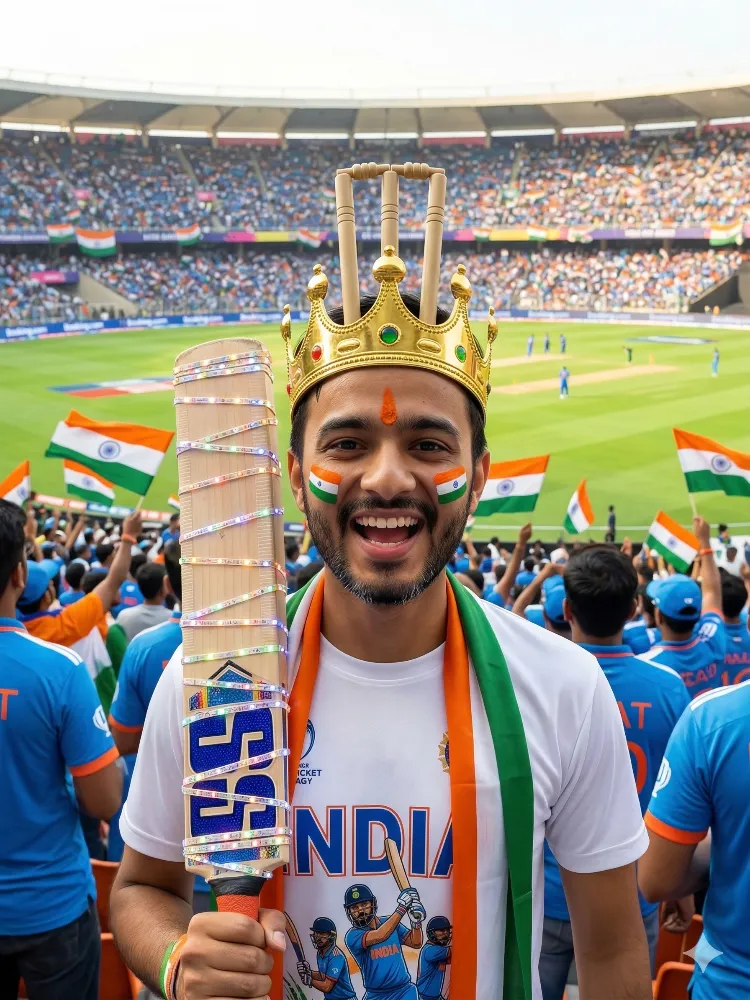 Passionate Indian Cricket Fan Celebrating at a Stadium with Unique Cricket Crown and Bat