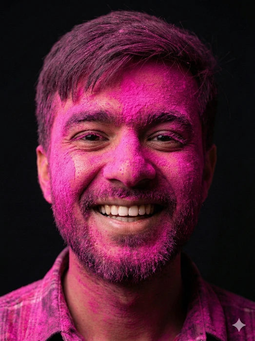 Portrait of a Smiling Man Covered in Pink Holi Powder Gemini Prompt