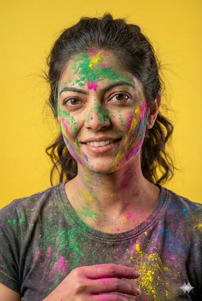 Portrait of Woman with Face Covered in Vibrant Holi Colors Gemini Prompt