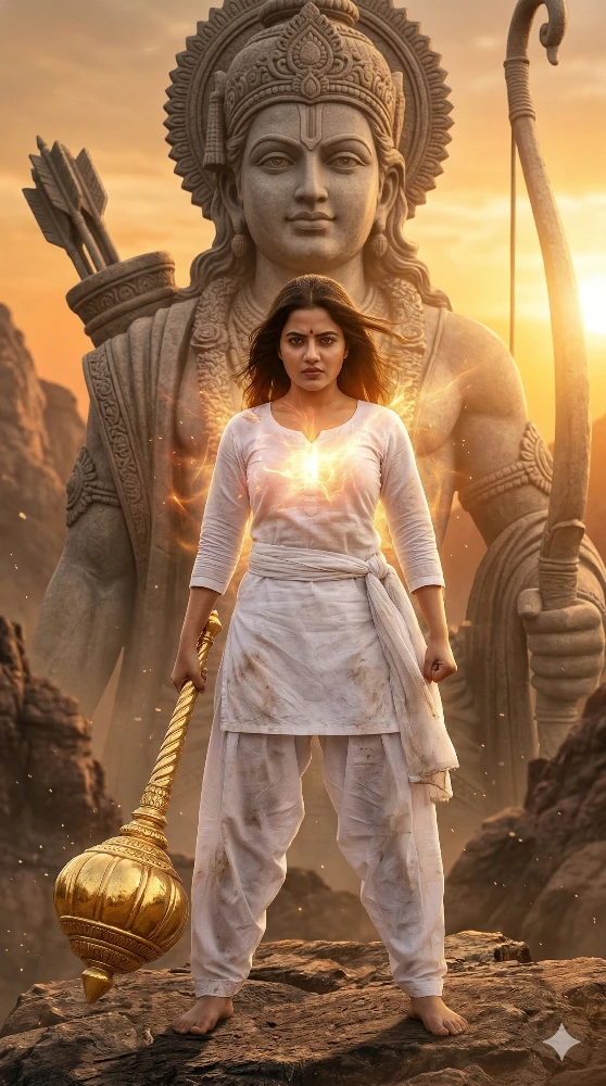 Powerful Indian Woman Warrior Holding Golden Gada with Lord Ram Statue