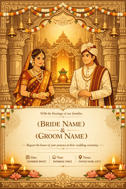 Premium Indian Wedding Invitation AI Prompt – Hindu Temple Style Divine Vector Card