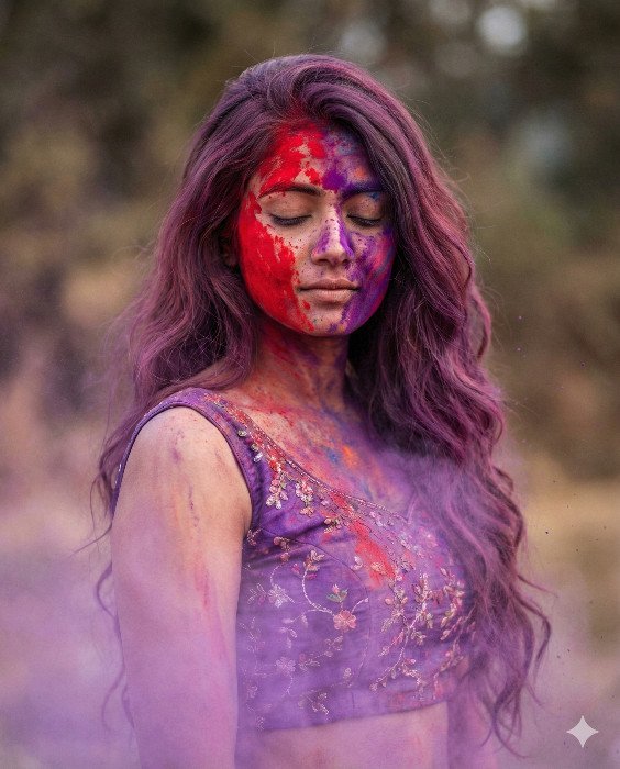 Serene Woman Celebrating Holi Festival with Vibrant Colors AI Prompt