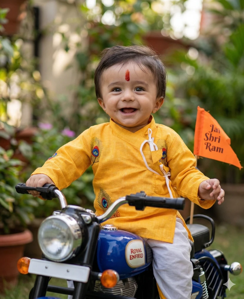 Smiling Baby Boy in Yellow Kurta on Toy Royal Enfield with Jai Shri Ram Flag