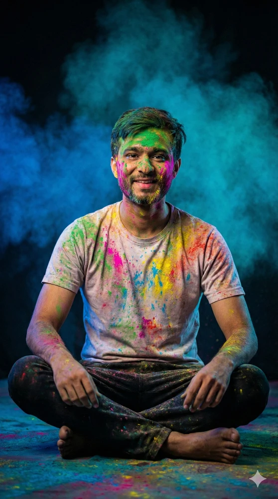 Smiling Indian Man Covered in Vibrant Holi Festival Colors Gemini Prompt