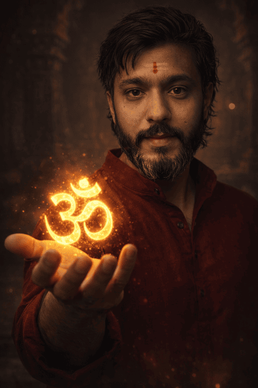Spiritual Om Symbol Portrait Gemini AI Prompt – Cinematic Devotional Male Figure