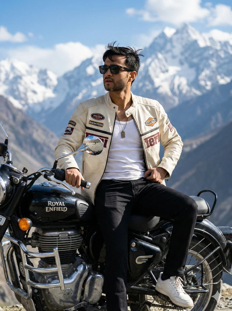 Stylish Biker on a Royal Enfield Motorcycle in the Snow-Capped Mountains