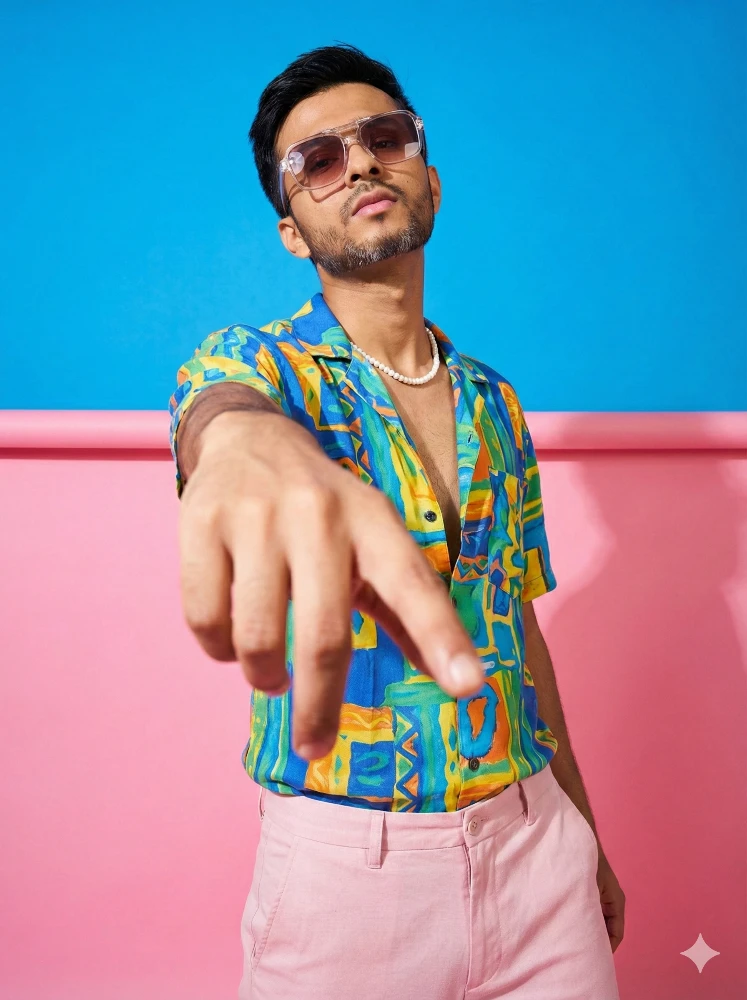 Stylish Man in Vibrant Printed Shirt and Pink Trousers