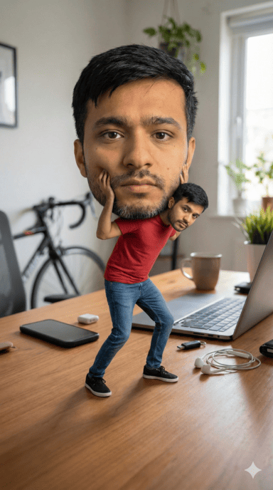 Surreal Forced-Perspective Photo Gemini Prompt – Miniature Man Carrying Oversized Calm Head Illusion