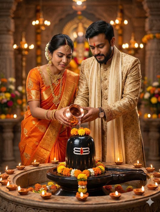 Ultra-Realistic 8K Cpuple Shiva Abhishekam Temple Scene Prompt