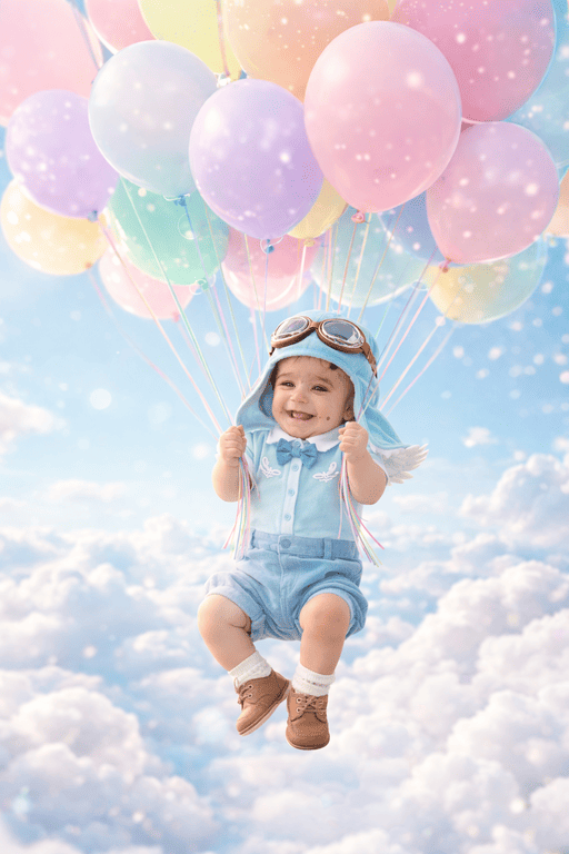 Ultra-Realistic Baby Floating with Pastel Balloons – Exact Face Preservation Fantasy Portrait Prompt (8K)