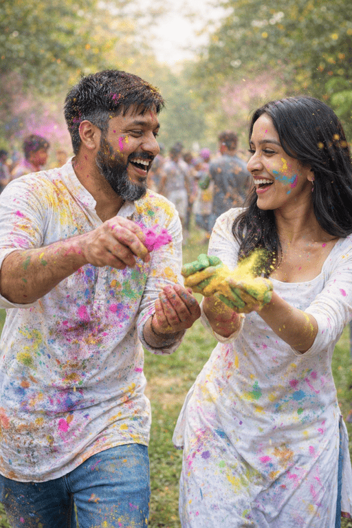 Ultra-Realistic Holi Celebration AI Prompt – Couple Playing Holi in Garden
