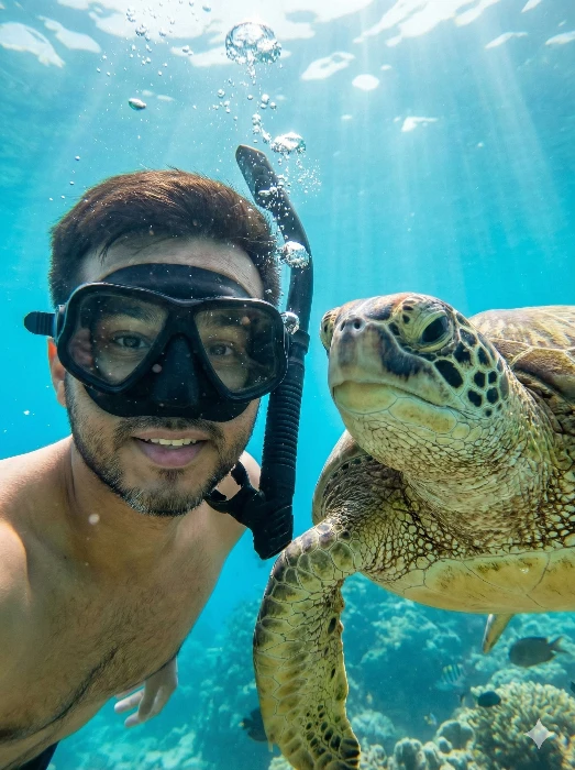 Underwater Selfie with Turtle Gemini AI Prompt