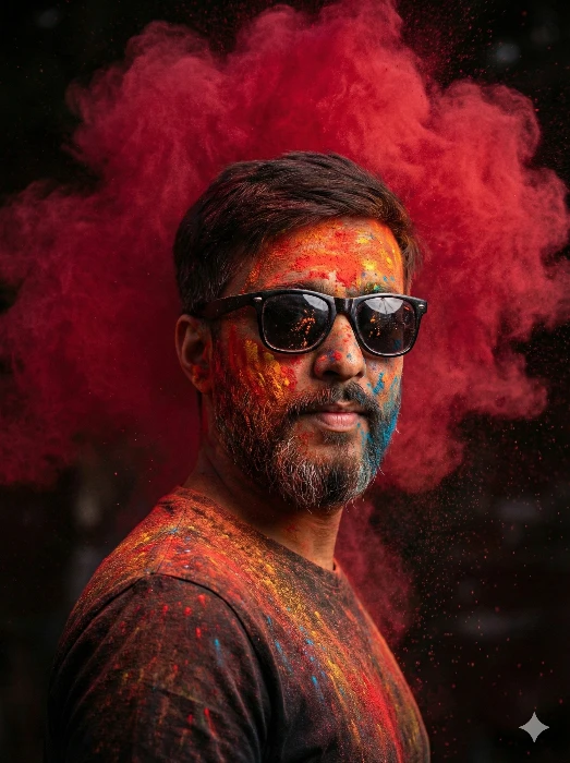 Vibrant Holi Festival Celebration with Man and Colorful Powder Explosion Prompt Gemini