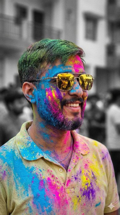Vibrant Holi Festival: Man Smiling with Colorful Powders AI Prompt
