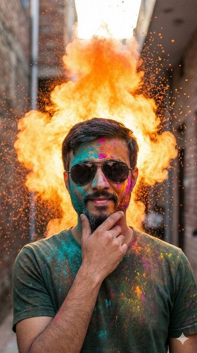 Vibrant Holi Festival Portrait with Powder Explosion Gemini Prompt