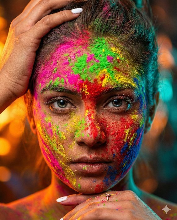 Vibrant Holi Festival Woman Portrait with Colorful Powder Women AI Prompt