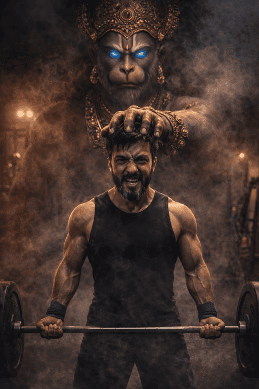 Viral Hanuman Ji Blessing Gym AI Prompt – Ultra-Realistic Cinematic Workout Scene
