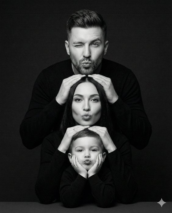 Whimsical Stacked Family Portrait in Black and White Gemini AI Prompt