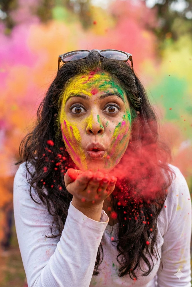 Woman Blowing Red Powder During Vibrant Holi Prompt Gemini