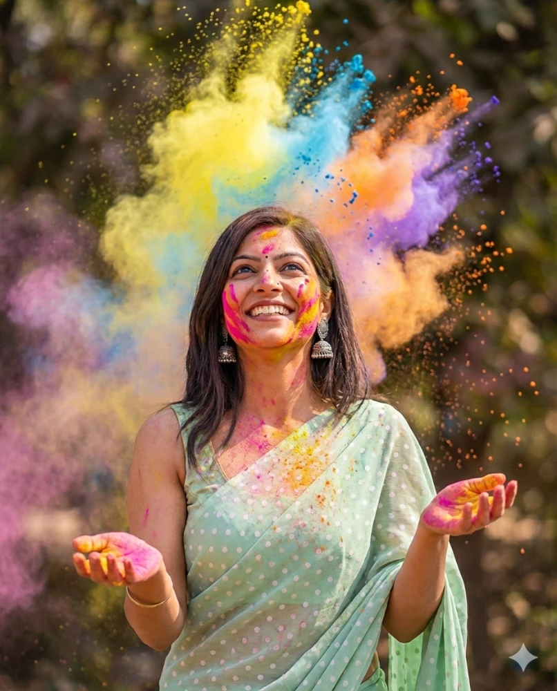 Woman Celebrating Holi Festival with Vibrant Colorful Powder Explosion Prompt