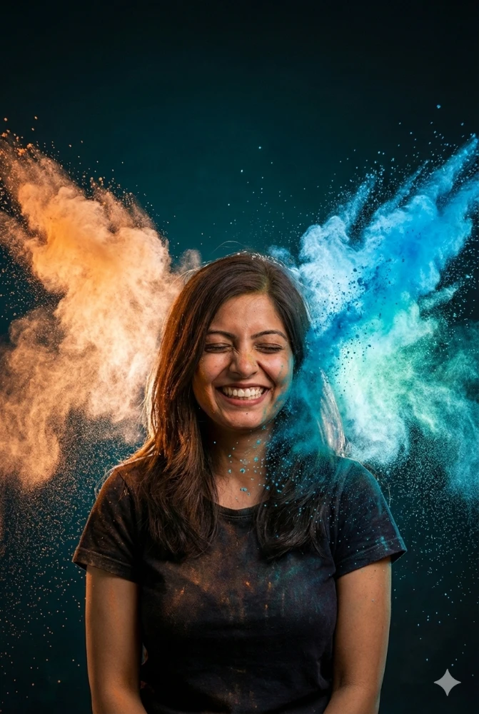 Woman Surrounded by Vibrant Blue and Orange Color Powder Holi Prompt