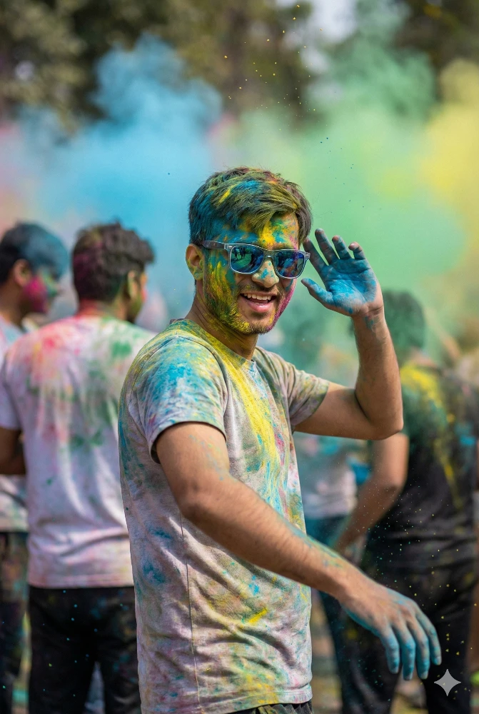 Young Boy Celebrating Vibrant Holi Festival Gemini Prompt
