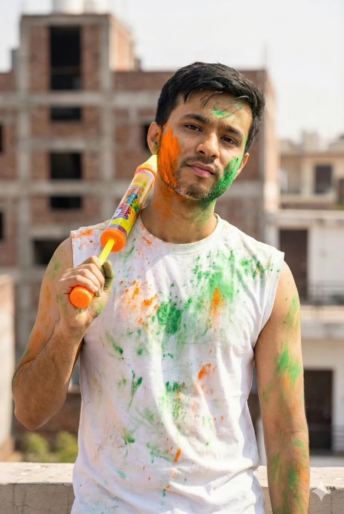 Young Indian Man Covered in Colors Celebrating Holi Festival with a Pichkari
