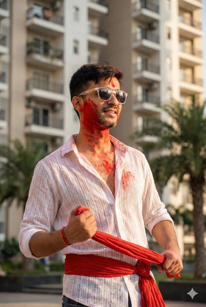 Young Man Celebrating Holi Festival with Red Color and Sunglasses