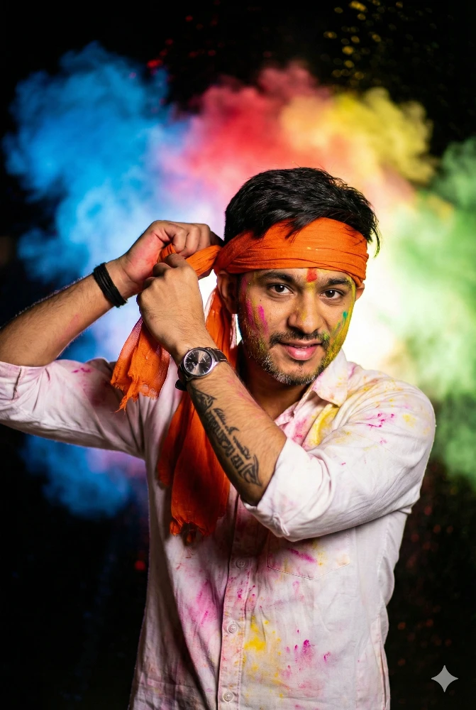 Young Man Celebrating Holi Festival with Vibrant Colors and Orange Headband