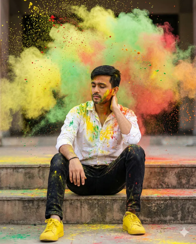Young Man Celebrating the Holi Festival with Vibrant Colors Prompt